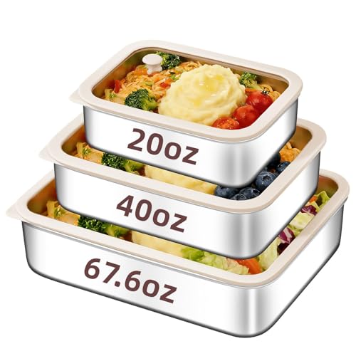 GIUOIDUO 3-Piece Extra Thick 304 Stainless Steel Food Storage Containers with Non-Stick Bottom, Airtight Glass Lids & Silicone Seal, Stackable Kitchen Organization Boxes for Food Preservation - color: 3-piece set (glass see through sealing cover)