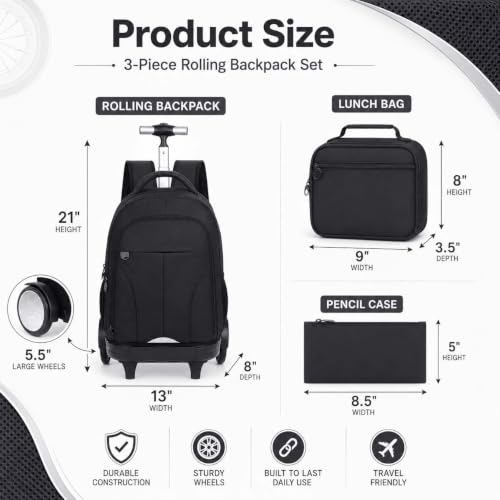 gxtvo Large Wheels & Quiet Glide | Rolling Backpack for Men & Women - Water-Resistant Wheeled Bag with Lunch Box for Office, Travel & College - Black - color: Rolling Backpack Reflective Black