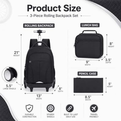 gxtvo Large Wheels & Quiet Glide | Rolling Backpack for Men & Women - Water-Resistant Wheeled Bag with Lunch Box for Office, Travel & College - Black - color: Rolling Backpack Reflective Black