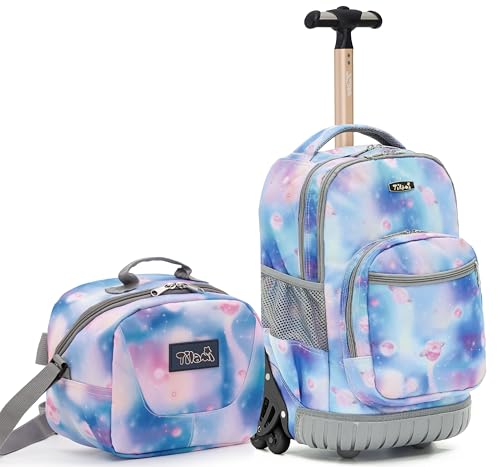 NEW TILAMI 18 inch Kids Rolling Backpack Wheeled Climb Stairs Big Storage Waterproof, Adjustable Handle for School Travel Camping Girls & Boys, Blue Planet - color: Blue Planet