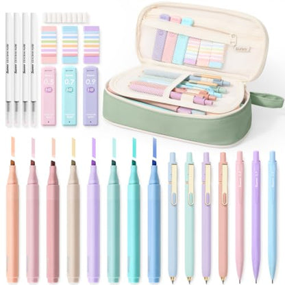 SUNEE 35PCS Aesthetic Stationery Set with Cute Pencil Case, Pastel Highlighters, Black Gel Pens, Mechanical Pencils & Refills, College School Supplies for Students Girls Green - color: Green, style: 35 Pack
