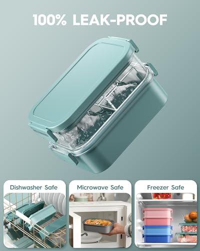 KEMETHY Adults Bento Lunch Box Set with Thermo Bag, 74oz Stackable Leak-proof 3-tiers Bento Box, Built-in Utensil and Sauce Container for Work, School, Dining Out (Green) - color: Lake Green