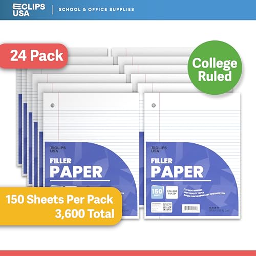 Loose Leaf Paper College Ruled Notebook Paper College Ruled Lined Writing Filler Paper 10.5” x 8” 3600 Sheets 150 Sheets Per Pack 60 gsm (24 Pack) - size: 24 Pack