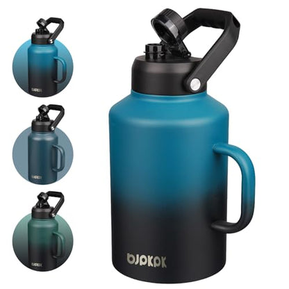 BJPKPK 1 Gallon Water Bottle with Handle, Large Dishwasher Safe 128oz Insulated Water Bottle, BPA Free Water Jug, Wide Mouth Metal Flasks with Anti-slip Bottom, Keep Cold & Hot,Blue & Black - color: Blue & Black, style: 128oz-Side Handle