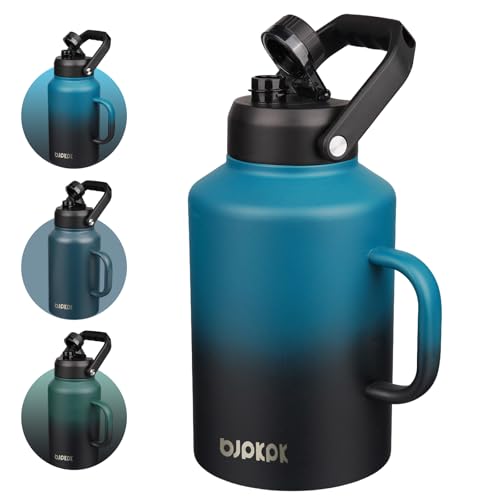 BJPKPK 1 Gallon Water Bottle with Handle, Large Dishwasher Safe 128oz Insulated Water Bottle, BPA Free Water Jug, Wide Mouth Metal Flasks with Anti-slip Bottom, Keep Cold & Hot,Blue & Black - color: Blue & Black, style: 128oz-Side Handle