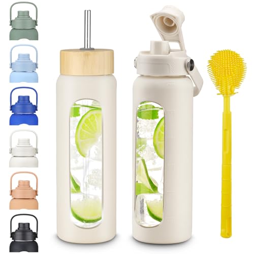 24 oz Borosilicate Glass Water Bottle with 2 Leak-Proof Lids, Bamboo Straw Lid, Silicone Sleeve, BPA Free for Gym, Office, Home & Travel‌ - color: Ivory White, size: 24 Ounces