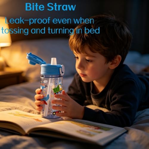 Flip, Bite and Sip 3-in-1 Straw Kids Water Bottle, Leak-proof, 13oz | Sturdy and Drop-resistant, with Handle, BPA Free, Dishwasher Safe, Perfect for School, Travel, and Home - color: Transportation