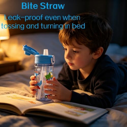 Flip, Bite and Sip 3-in-1 Straw Kids Water Bottle, Leak-proof, 13oz | Sturdy and Drop-resistant, with Handle, BPA Free, Dishwasher Safe, Perfect for School, Travel, and Home - color: Transportation