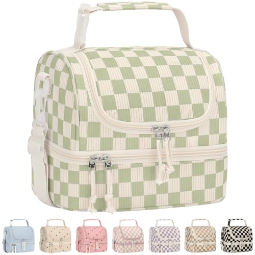 Vankor Corduroy Lunch Box Kids Insulated Lunch Bag Double Decker, Cute Leak-Proof Lunch Box for Boys Girls, Portable Cooler Lunch Bag Thermal Lunch Tote for School Picnic Travel, Green Checkered - color: Green Checkered