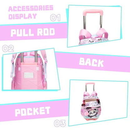 Meetbelify Girls Cute Backpack with Wheels for Elementary Students Kids Black Travel Luggage - color: Blue Panda