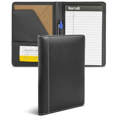 Samsill Mini Faux-Leather Padfolio, 5 x 8 Writing Pad, Compact Business Portfolio with Business Card Display Pocket, Contrast Stitch, Black - color: Black