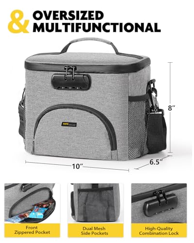 Lunch Bag with Combination Lock, Lunch Box for Men Women, Adjustable Shoulder Strap & Leakproof Soft Cooler for Commute, Travel & Gym - color: Gray