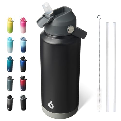 BJPKPK Water Bottle with Straw Lid, 32oz Vacuum Insulated Water Bottles, Metal Stainless Steel Thermo for Sports, Travel, BPA Free Leak Proof Thermo, Cups, Flasks, Tumblers,Black - color: Black, size: 32 Ounces