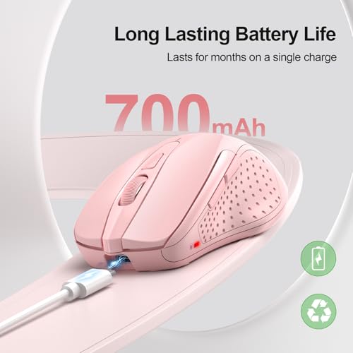TECKNET Wireless Mouse, BT 5.0/2.4G, Rechargeable 6-DPI Silent, Pink | Bluetooth 5.0/3.0 & USB A, 2-Device Easy Switch, Wide OS Compatible, 6 Buttons, 6-DPI up to 4800, Ergonomic for S to M Hands - color: Pink