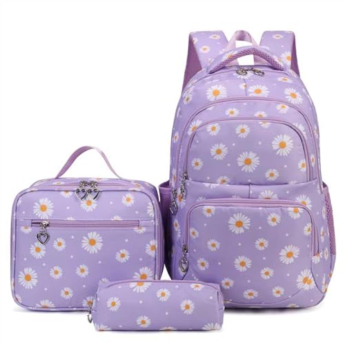 Glodwheat Daisy Printed Backpack For Girls- 3Pc Set With Lunch Box & Pencil Case, Lightweight Water-Resistant Bookbag For Elementary School - color: Purple