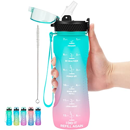 24 OZ Motivational Kids Water Bottle With Time Marker,Straw Lid,Leak Proof, Tritan BPA Free Sports Water Bottle Dark Green Pink (1 Lid) - color: Mint Dark Green Pink