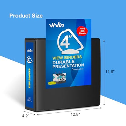 ViVin Durable 4 inch D Ring View Binder, Large 4" Slant-D Ring with 835-Sheet Capacity, Fit 8.5" x 11" Paper, 6 Pack(Black) - color: Black, size: 4 Inch, style: 6 Pack