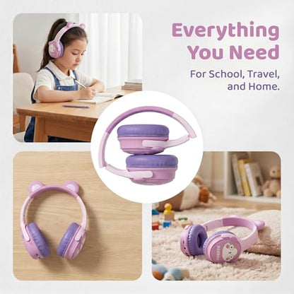 [65H Playtime] Cute Animal Ear Kids Bluetooth Headphones for Girls Women, Wireless Headphones with Microphone, Foldable Over-Ear Headset for School Travel, Purple - color: Purple