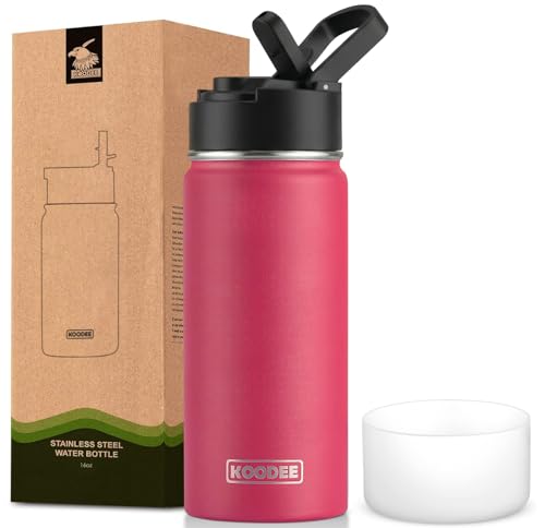 koodee 16 oz Water Bottle Stainless Steel Double Wall Vacuum Insulated Water Bottle for School, Wide Mouth Water Flask with Straw (Canyon Red) - color: canyon-red-A, size: 16 Ounces