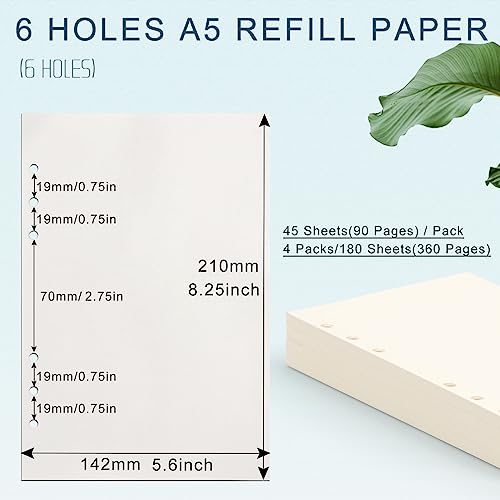 Toplive A5 Refill Paper, [4 Pack] 100GSM Thick 6 Hole Filler Inserts for 6 Ring Binder Journal Notebook - 180 Sheets (360 Pages), Blank - style: 4Pack Blank Paper