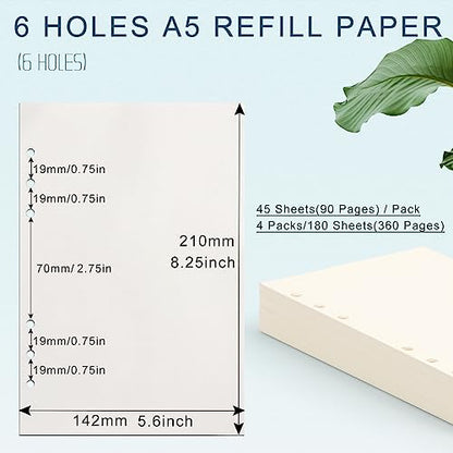 Toplive A5 Refill Paper, [4 Pack] 100GSM Thick 6 Hole Filler Inserts for 6 Ring Binder Journal Notebook - 180 Sheets (360 Pages), Blank - style: 4Pack Blank Paper