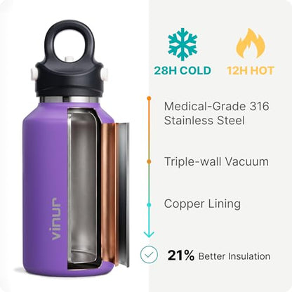 Vinur 12 oz Small Insulated Water Bottle-Leak Proof Travel Water Bottle for Purse-Reusable Stainless Steel with Push Button Lid | One-Hand Operation, Purple - color: Purple, size: 12 Ounces