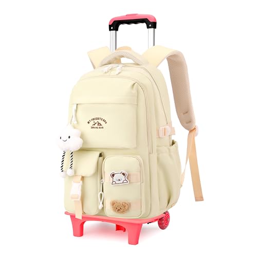Kids Girls Rolling Backpack, School Backpack with Wheels for Girls, Rolling School Bag Roller Bookbag Carry-on Travel Bag, Light yellow 2 Wheels - color: 2 Wheels Light Yellow