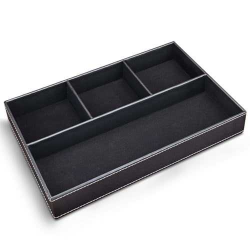 KINGFOM Pu Leather Desk Organizer Tray, 4 Compartment Office Storage Supplies Stationery Drawer Tray, Nightstand Bedside Tray for Key, Wallet, Sunglass, Watch, Coin, Phone Valet Tray Stackable Black - color: Black