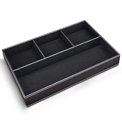 KINGFOM Pu Leather Desk Organizer Tray, 4 Compartment Office Storage Supplies Stationery Drawer Tray, Nightstand Bedside Tray for Key, Wallet, Sunglass, Watch, Coin, Phone Valet Tray Stackable Black - color: Black