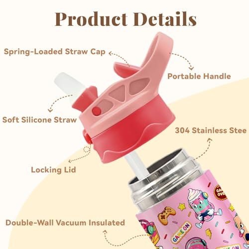 12oz Kids Tumbler with Straw, Water Bottle for Girls, Pink Insulated Cup with Lid, Leak-Proof Stainless Steel Travel Cup, Donut Pattern Gift for Girls (Sweet Donut) - color: Sweet Donut