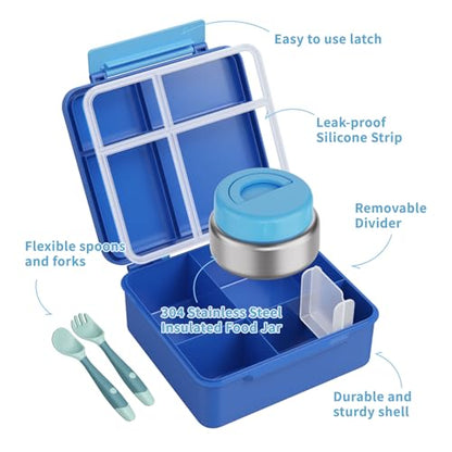 Bento Box for Kids with Thermo Food Container (9oz), 4-Compartment Lunch Box, Adjustable Divider, Leakproof Bento Lunch Box, Includes Utensils & Carry Bag for School, Office(Blue) - color: Blue