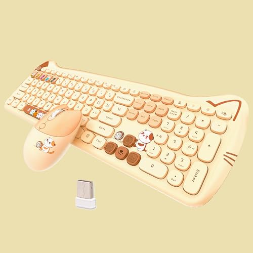 Cute Cat 2.4G USB Wireless Keyboard and Mouse Combo, Silent Keys, Candy Colors, Compatible with Notebook, PC (MilkTea-110Keys) - color: MilkTea-110Keys
