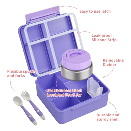 Bento Box for Kids with Thermo Food Container (9oz), 4-Compartment Lunch Box, Adjustable Divider, Leakproof Bento Lunch Box, Includes Utensils & Carry Bag for School, Office(Purple) - color: Pink