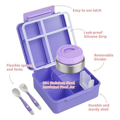 Bento Box for Kids with Thermo Food Container (9oz), 4-Compartment Lunch Box, Adjustable Divider, Leakproof Bento Lunch Box, Includes Utensils & Carry Bag for School, Office(Purple) - color: Pink