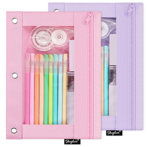 SKYDUE Pencil Pouch for 3 Ring Binder, Zipper Pencil Pouches for Girls Boys, Clear Window Pencil Case for Binder, Binder Pencil Pouch, Pencil Bag with Zipper,Pink & Purple - color: Pink&purple