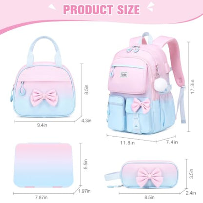 Bevalsa Backpack for Girls, Bow Bookpack with Bento Lunch Box, Insulated Bag & Utensils, 34oz Lunch Containers School Bags Set for Children Teens Kids Elementary Middle school Student (Pink-Blue) - color: Pink-blue