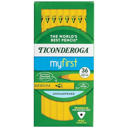 Ticonderoga My First Tri-Write Wood-Cased Pencils, Unsharpened, 2 HB Soft, Without Erasers, Yellow, 36 Count