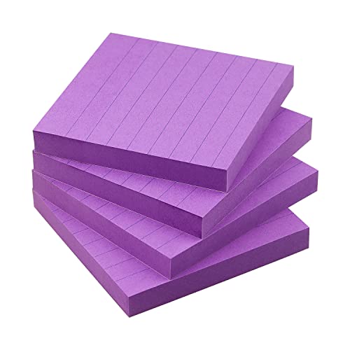 Lined Sticky Notes 3x3 in, Self-Adhesive, 4 Pads, 90 Sheets Each(Purple) | Strong Self-Adhesive Backing, Sticks Firmly and Removes Cleanly - color: Purple