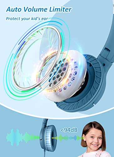 DyBaxa Kids Headphones Wired, Foldable On Ear Headset, Volume Limiter 94dB, Over-Ear Headphones for Kids School Online Classes Travel Children, 3.5mm Jack Compatible Smartphones Tablet, Dark Blue - color: Pacific Blue