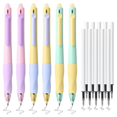 Temiary 6Pcs Retractable Erasable Gel Pens & 10Pcs Refills, Black Ink 0.5mm | Comfortable Grip Pen with Eraser, Make Mistakes Disappear, Black Ink Pen for Planners and Crossword Puzzle - color: Black Ink