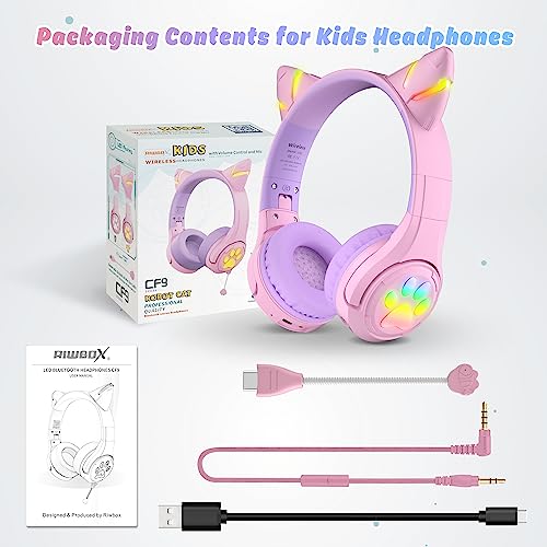 Riwbox CF9 Cat Ear Kids Bluetooth Headphones with LED Light Up,Safe 85dB Volume Limit,Built-in Mic&Boom Mic for Calls,Kids Wireless&Wired Headphones for Tablet/Airplane/School/Online Learning (Purple) - color: Purple