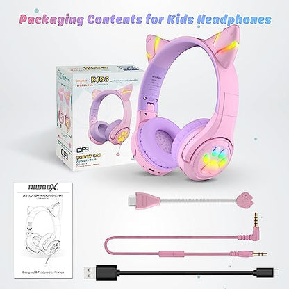 Riwbox CF9 Cat Ear Kids Bluetooth Headphones with LED Light Up,Safe 85dB Volume Limit,Built-in Mic&Boom Mic for Calls,Kids Wireless&Wired Headphones for Tablet/Airplane/School/Online Learning (Purple) - color: Purple