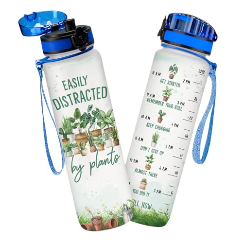 Plant Lover Water Bottle 32oz with Motivational Time Marker Easily Distracted by Plants Gift for Women Gardening Houseplant Lover Birthday Mothers Day BPA Free Reusable - color: Garden
