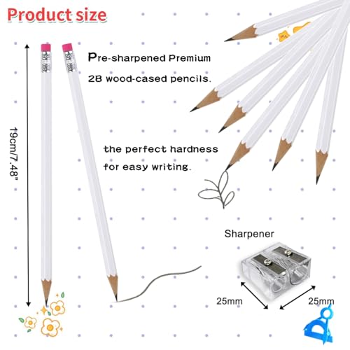 Adhere 25pcs Woodcase Pencils with Eraser Premium Pre-Sharpened Hexagon Graphite 2B pencils ideal for home, office writing including a Free Sharpener(White・25pcs) - color: White・25pcs