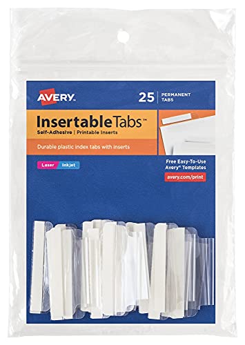 Avery Insertable Self-Adhesive Tabs with Printable Inserts, 2", Permanent Adhesive, Clear, Pack of 25 Index Tabs (16241)