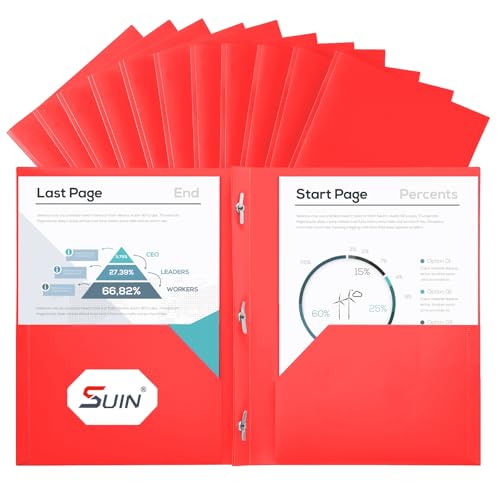 SUIN Plastic Project-Folder with 2 Pockets and 3-Prong Fasteners, for US Letter Size, Bulk Pack Color File-Folder for US Letter Size Papers, Ideal for School & Office, (Red) - color: Red