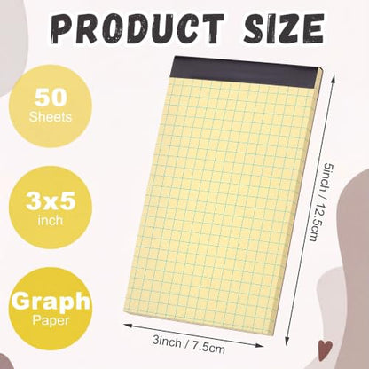 Tenceur 16 Pcs 3'' x 5'' Graph Paper Pads Quad Ruled Grid Mini Notepads, Perforated Tops, 50 Sheets Per Memo Pad, 80Gsm Paper Pads Small Pocket Graph Notebook for Students, Office, Math, Notes - color: Yellow (Black Top), style: Graph