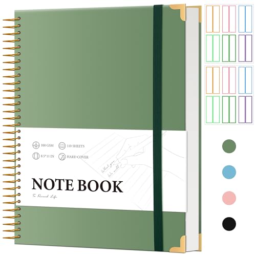 Large Spiral Notebook College Ruled with Tab Stickers A4 Notebooks for School Supplies Hardcover Spiral Notebook 8.5 x 11 Journal Note Book for Work Note Taking Women Men Writing, 220 Pages, Green | College Ruled, A4 Notebooks for School Supplies Journal