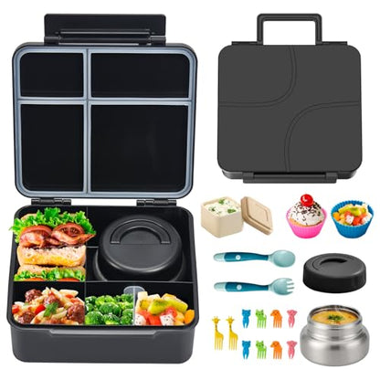 JSLOVE Bento Lunch Box with Leak Proof Thermos Food Jar for Kids, Food Lunch Containers for Boys with 4 Compartments, BPA-Free with Utensils, Food Picks, Sauce Jar & Silicone Lunch Box Dividers - color: Black