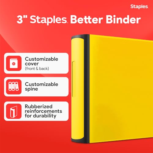 Staples Heavy-Duty 3-Inch D-Ring Binder, Yellow – Large Capacity 3-Ring Binder, Holds Up to 600 Sheets for School & Office - color: Yellow, size: 3-Inch, style: 1 Pack